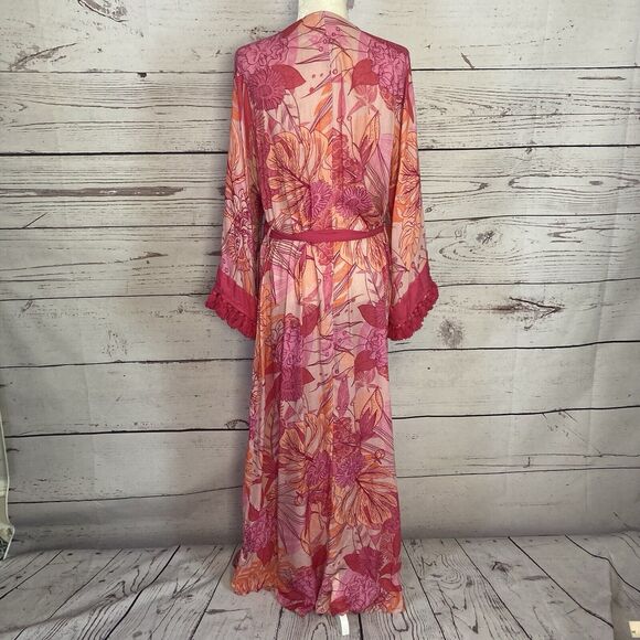 Revolve Lovewave Robe Womens Medium The‎ Hallie Maxi Pink Floral Belted - Picture 3 of 9